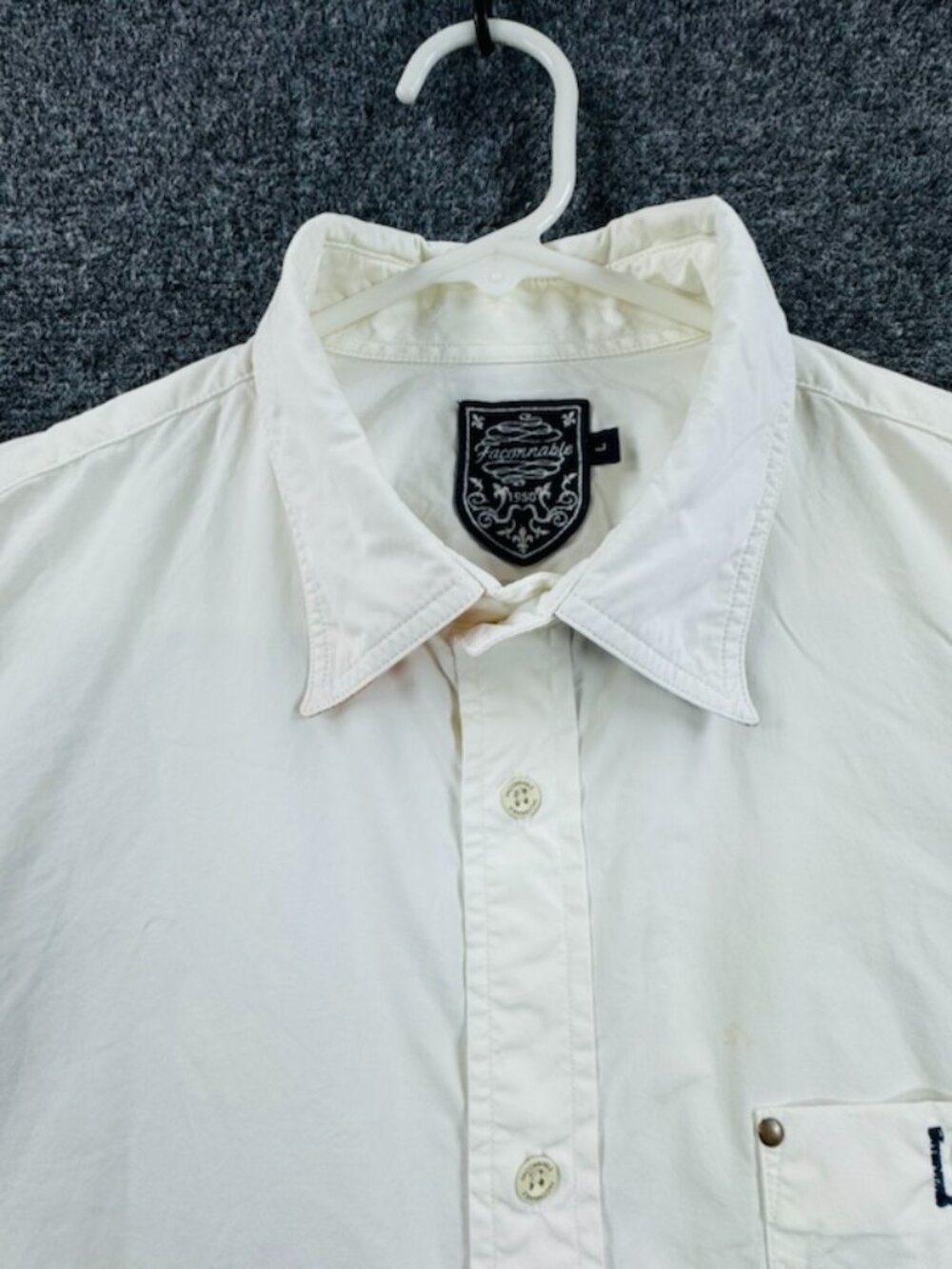 Faconnable Logo Mens White Large Cotton Long Sleeve Shirt Solid Pocket Button Up